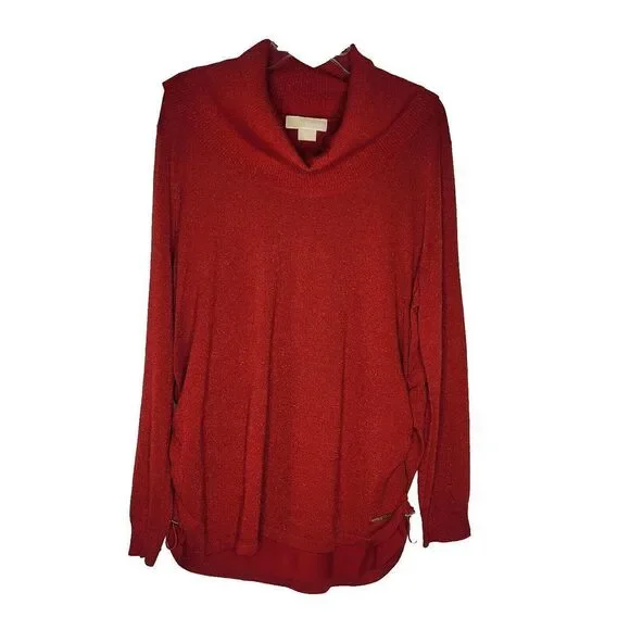 Michael Kors Sweater Women's Red Metallic Ruche Sides Cowl Neck Pullover Sz 2X - Picture 2 of 12